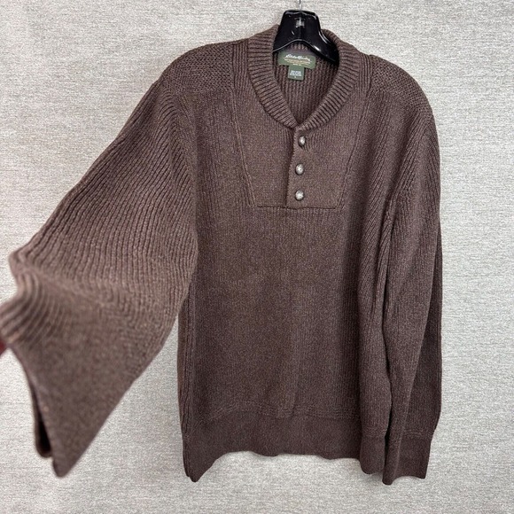 Eddie Bauer Y2K Henley Sweater Brown Chunky Fisherman Knit Ribbed Mens Large - Picture 12 of 16